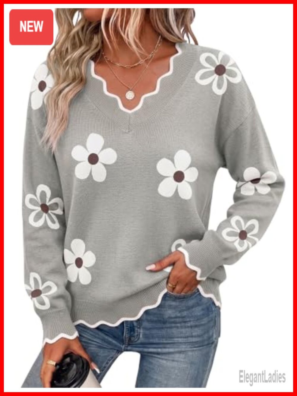 Women's Long Sleeve V Neck Knit Sweater Loose Cozy Pullover Top